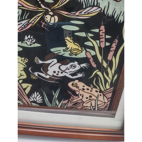 Vintage Dragonfly Frog Toad Pond Swamp Lake Foxtail Black Velvet Framed Painting - Picture 6 of 12